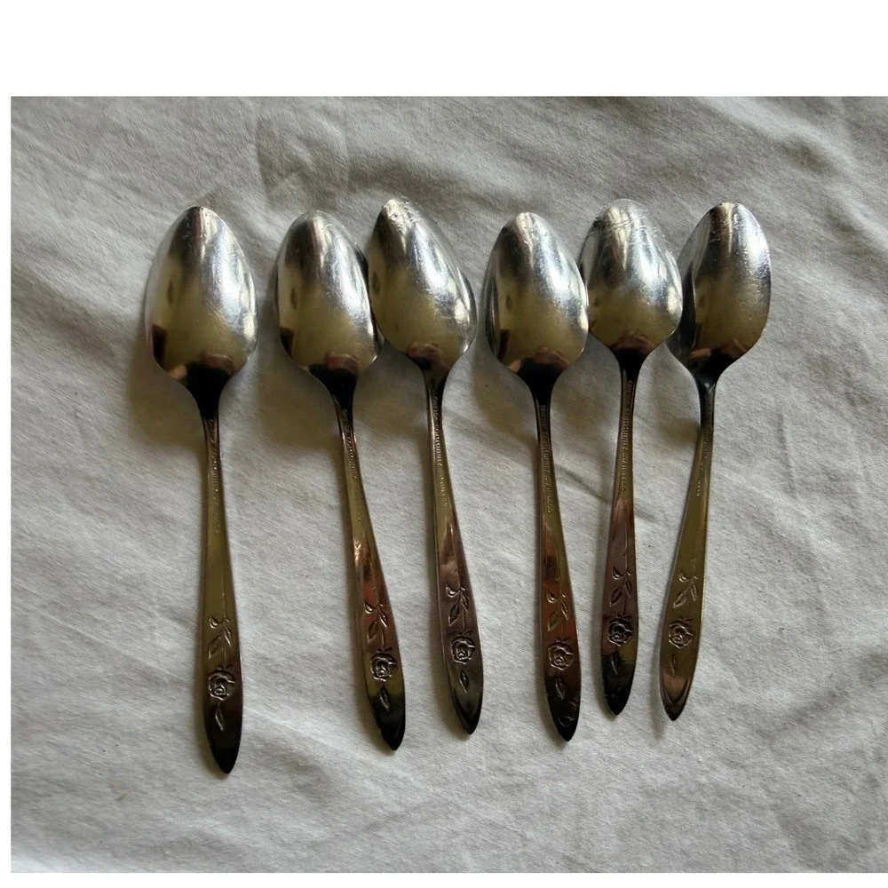 Oneida Community Stainless Morning Rose Teaspoons Set of 6 Floral Silverware 6in
